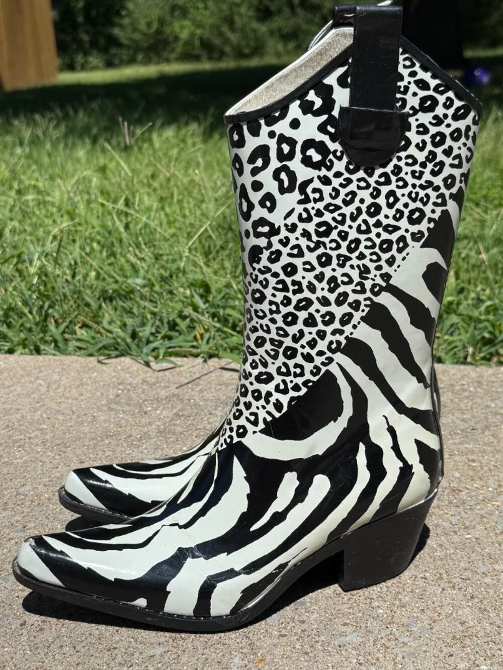 Womens 6 Zebra Leopard Rain Boots Western Cowgirl Y2K Animal Print Boots 4068